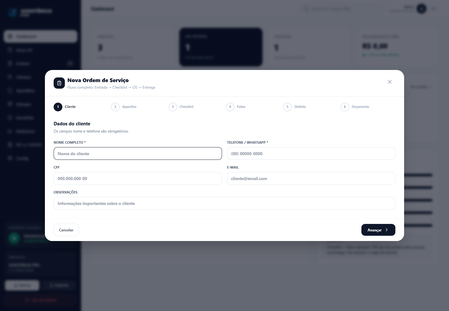 Formulário de nova OS com etapas de cliente, aparelho, checklist, fotos, defeito e orçamento
